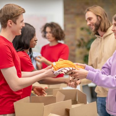 Distribution. Workers of the non profit organization distributing donations